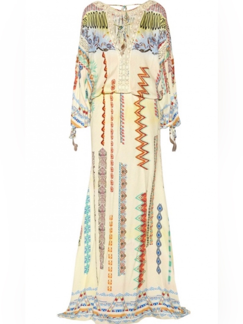 Etro Bohemian Cream Maxi Dress with Multicolor Tribal Print Runway 2015